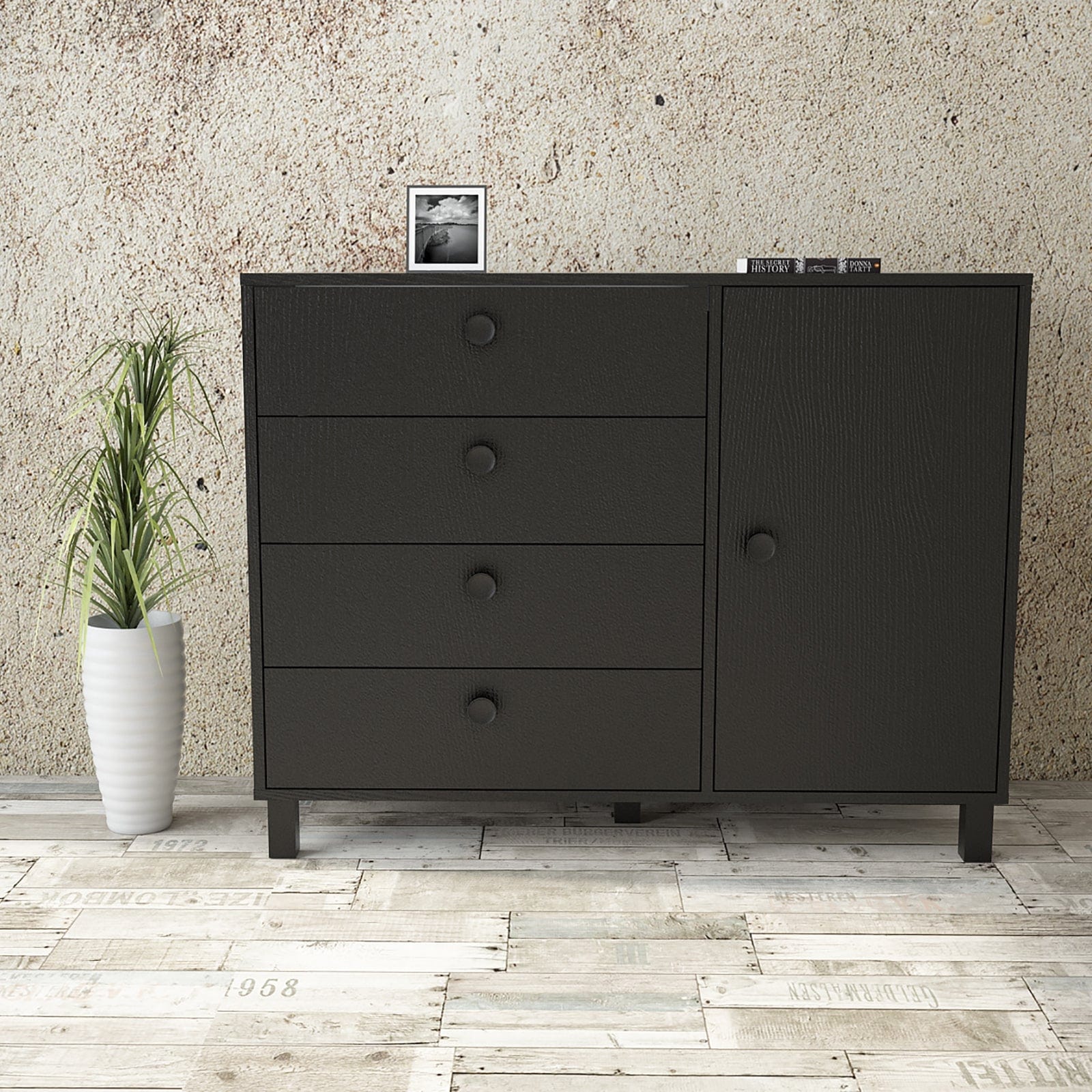 Comoda din pal si lemn, cu 4 sertare si 1 usa, Vilamo VL81-338 Negru, l120,6xA44,5xH93,5 cm (1)