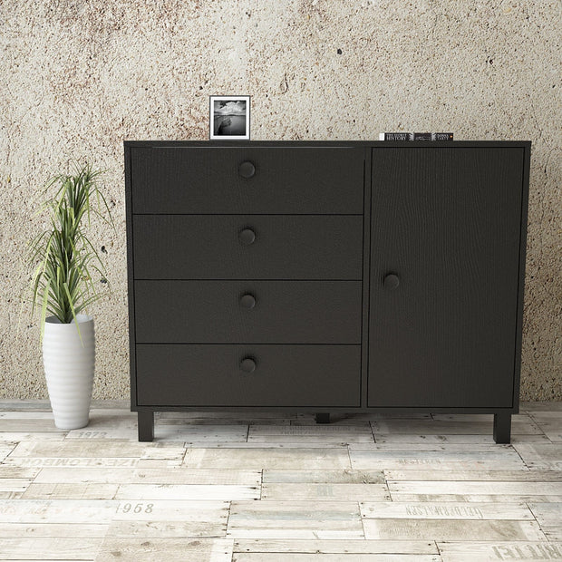 Comoda din pal si lemn, cu 4 sertare si 1 usa, Vilamo VL81-338 Negru, l120,6xA44,5xH93,5 cm (1)