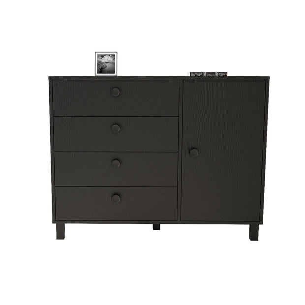 Comoda din pal si lemn, cu 4 sertare si 1 usa, Vilamo VL81-338 Negru, l120,6xA44,5xH93,5 cm (2)