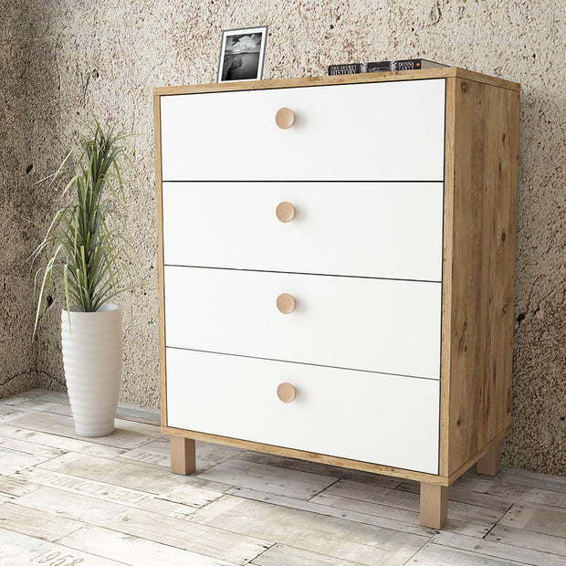 Comoda din pal si lemn, cu 4 sertare Vilamo VL80-217 Alb / Natural, l73,6xA44,5xH93,5 cm