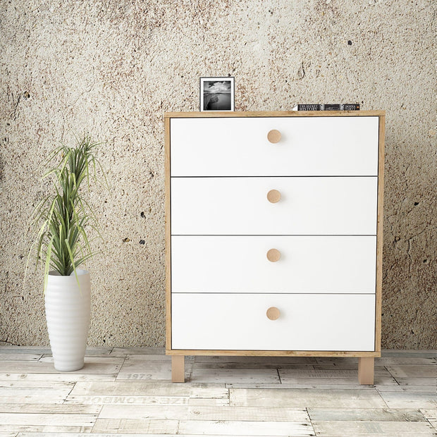 Comoda din pal si lemn, cu 4 sertare Vilamo VL80-217 Alb / Natural, l73,6xA44,5xH93,5 cm (1)