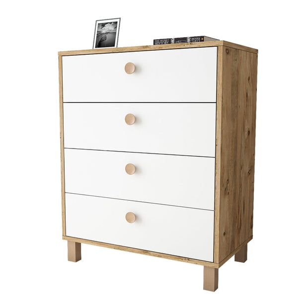 Comoda din pal si lemn, cu 4 sertare Vilamo VL80-217 Alb / Natural, l73,6xA44,5xH93,5 cm (2)
