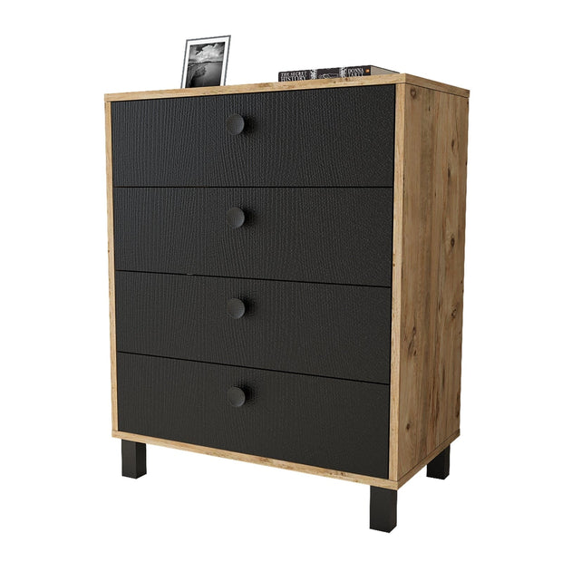 Comoda din pal si lemn, cu 4 sertare Vilamo VL80-238 Negru / Natural, l73,6xA44,5xH93,5 cm (2)