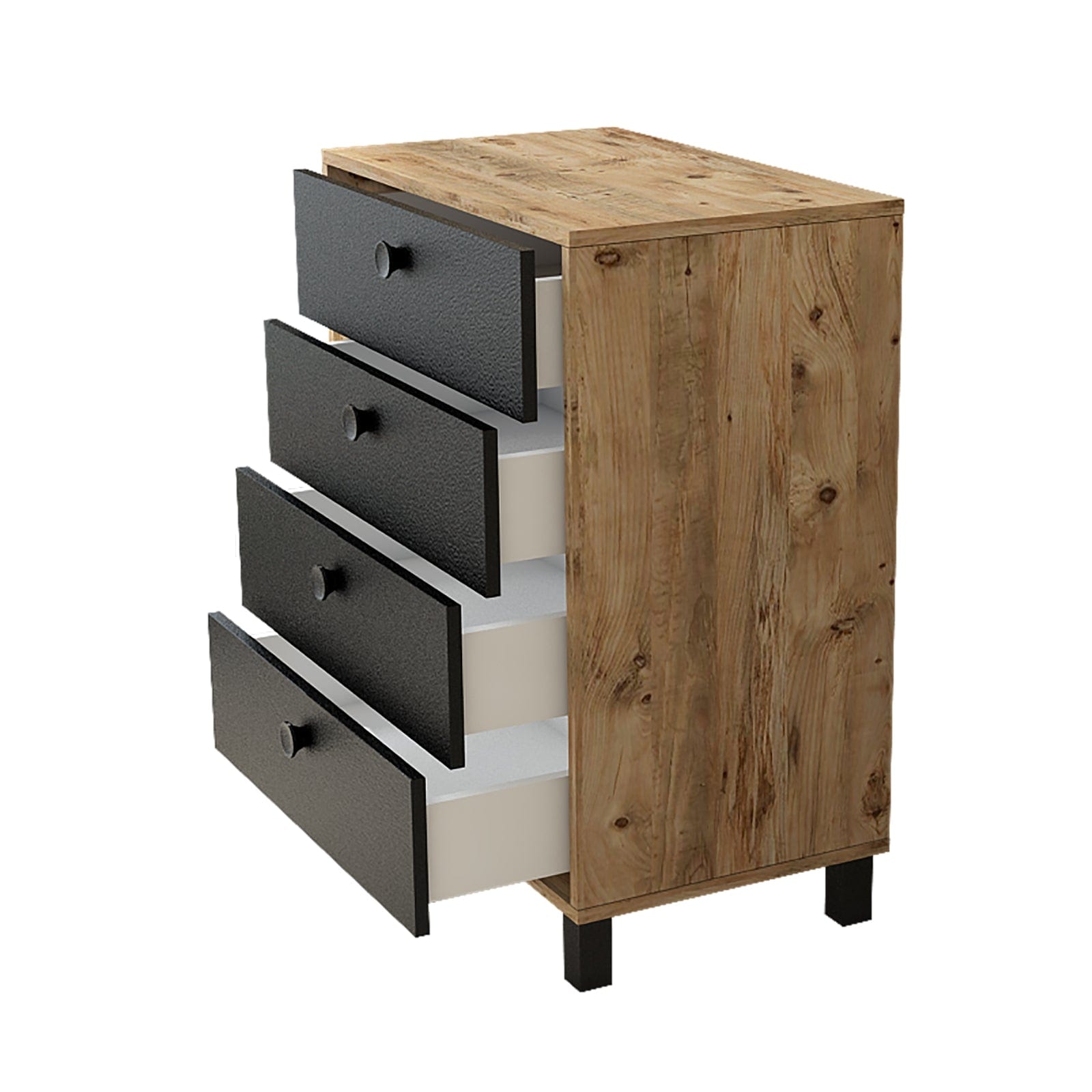 Comoda din pal si lemn, cu 4 sertare Vilamo VL80-238 Negru / Natural, l73,6xA44,5xH93,5 cm (3)