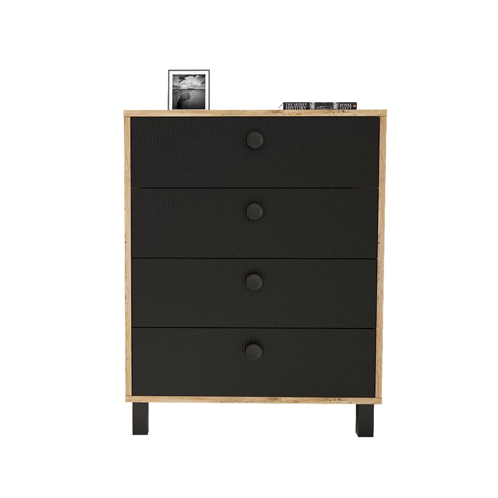 Comoda din pal si lemn, cu 4 sertare Vilamo VL80-238 Negru / Natural, l73,6xA44,5xH93,5 cm (4)