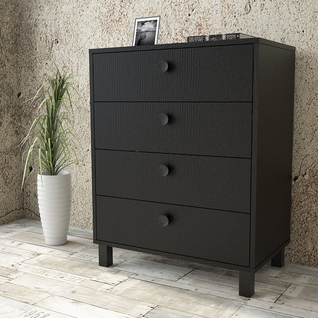 Comoda din pal si lemn, cu 4 sertare Vilamo VL80-338 Negru, l73,6xA44,5xH93,5 cm