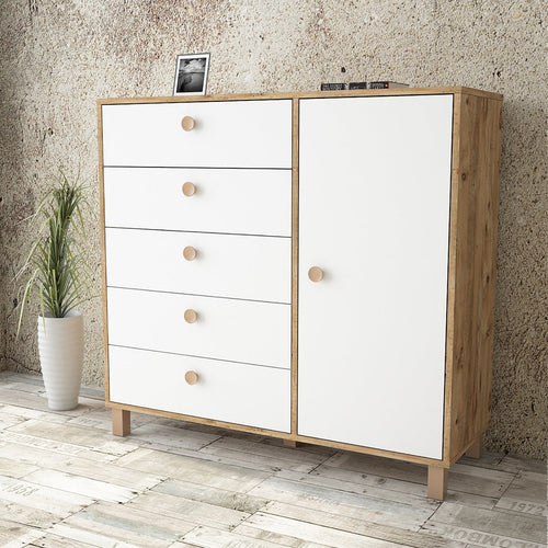 Comoda din pal si lemn, cu 5 sertare si 1 usa, Vilamo Tall VL83-217 Alb / Natural, l120,6xA44,5xH113,4 cm
