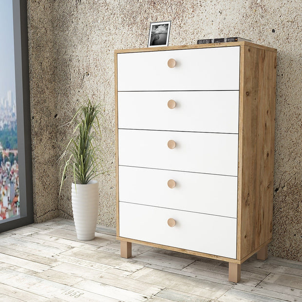 Comoda din pal si lemn, cu 5 sertare Vilamo VL82-217 Tall Alb / Natural, l73,6xA44,5xH113,4 cm