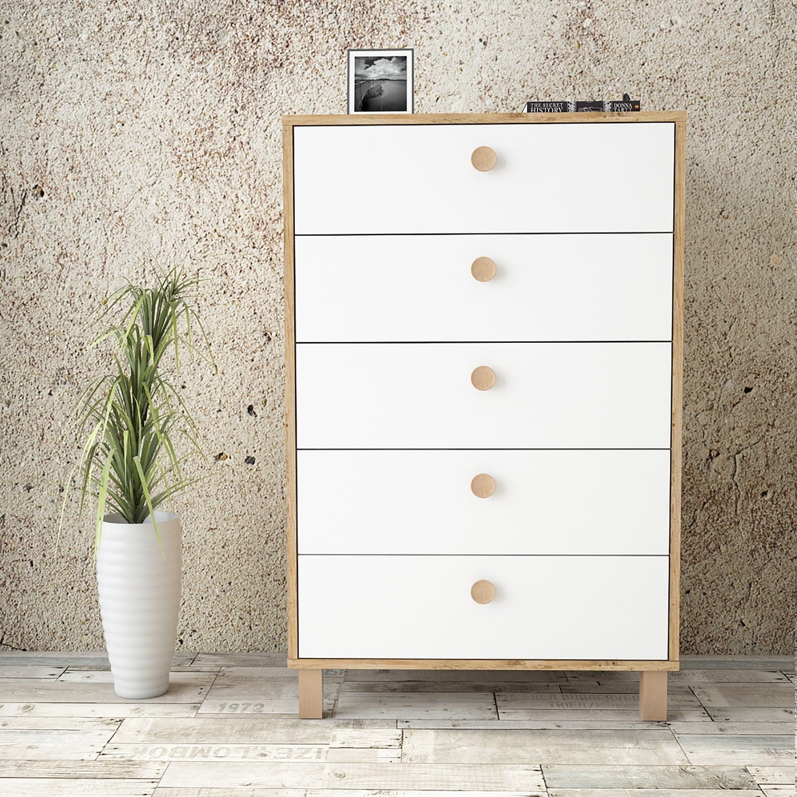 Comoda din pal si lemn, cu 5 sertare Vilamo VL82-217 Tall Alb / Natural, l73,6xA44,5xH113,4 cm (1)