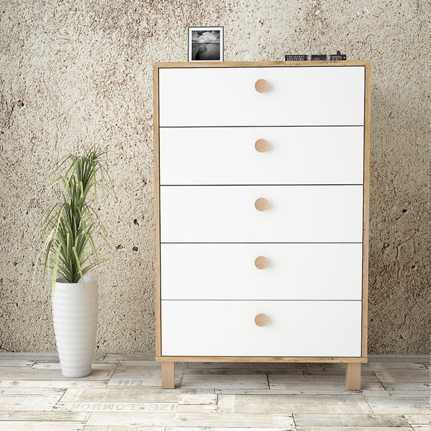 Comoda din pal si lemn, cu 5 sertare Vilamo VL82-217 Tall Alb / Natural, l73,6xA44,5xH113,4 cm (1)