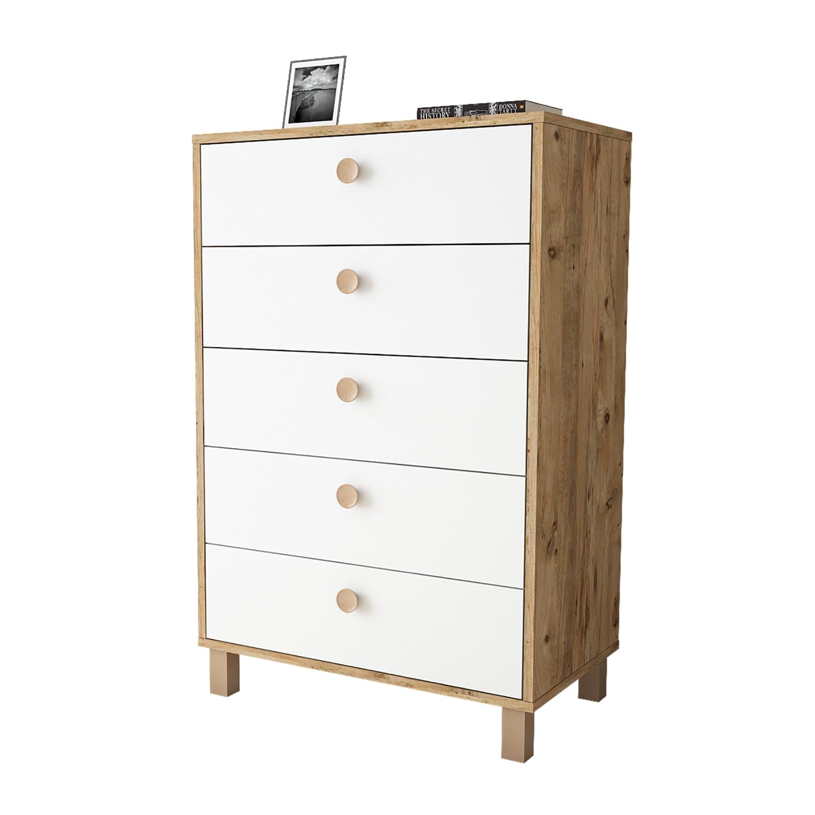 Comoda din pal si lemn, cu 5 sertare Vilamo VL82-217 Tall Alb / Natural, l73,6xA44,5xH113,4 cm (2)