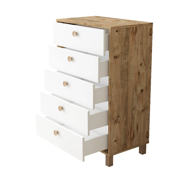 Comoda din pal si lemn, cu 5 sertare Vilamo VL82-217 Tall Alb / Natural, l73,6xA44,5xH113,4 cm (3)