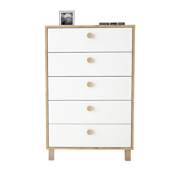 Comoda din pal si lemn, cu 5 sertare Vilamo VL82-217 Tall Alb / Natural, l73,6xA44,5xH113,4 cm (4)