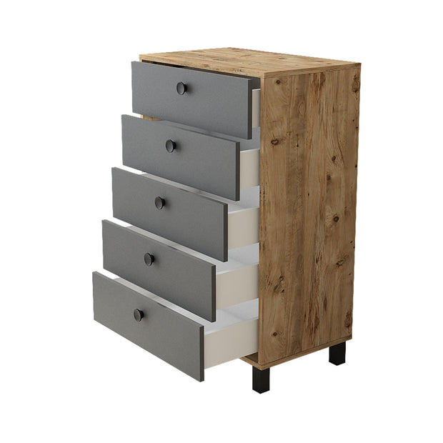 Comoda din pal si lemn, cu 5 sertare Vilamo VL82-228 Tall Antracit / Natural, l73,6xA44,5xH113,4 cm (3)