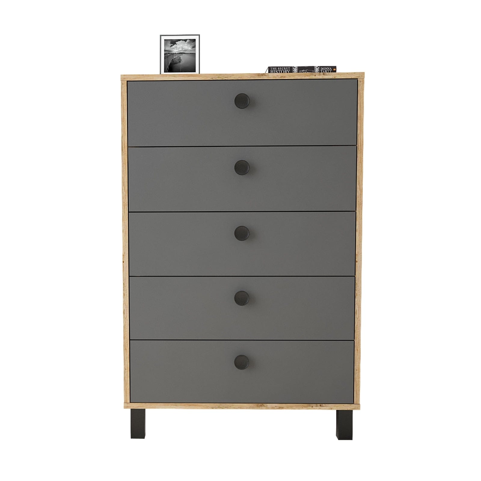 Comoda din pal si lemn, cu 5 sertare Vilamo VL82-228 Tall Antracit / Natural, l73,6xA44,5xH113,4 cm (4)