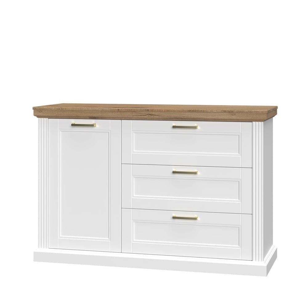 Comoda din pal si MDF, cu 1 usa si 3 sertare, Tara Small Alb Mat / Nuc Pacific, l138xA48xH91 cm
