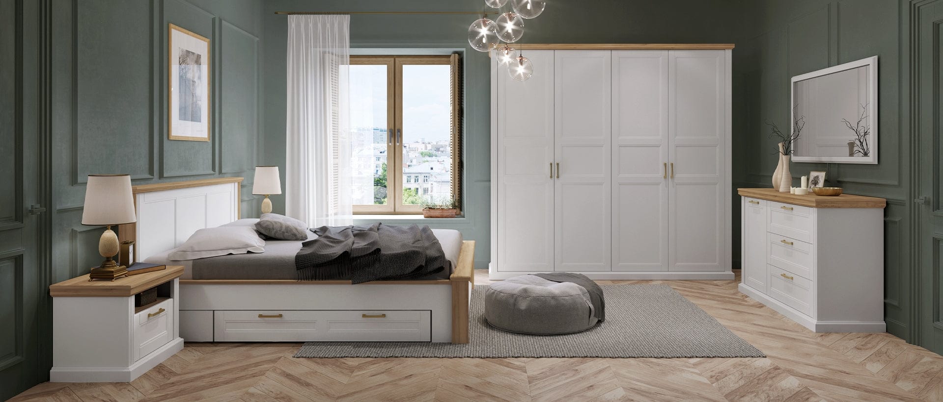 Comoda din pal si MDF, cu 1 usa si 3 sertare, Tara Small Alb Mat / Nuc Pacific, l138xA48xH91 cm (1)