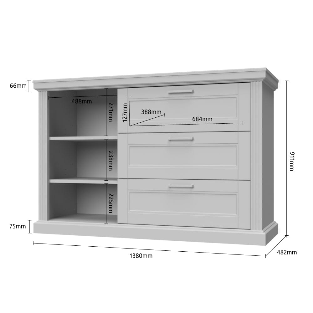Comoda din pal si MDF, cu 1 usa si 3 sertare, Tara Small Alb Mat / Nuc Pacific, l138xA48xH91 cm (3)
