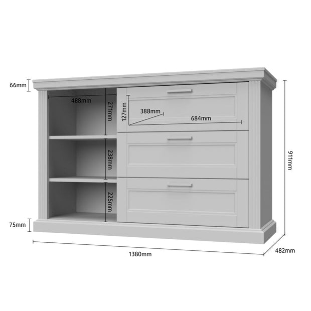 Comoda din pal si MDF, cu 1 usa si 3 sertare, Tara Small Alb Mat / Nuc Pacific, l138xA48xH91 cm (3)