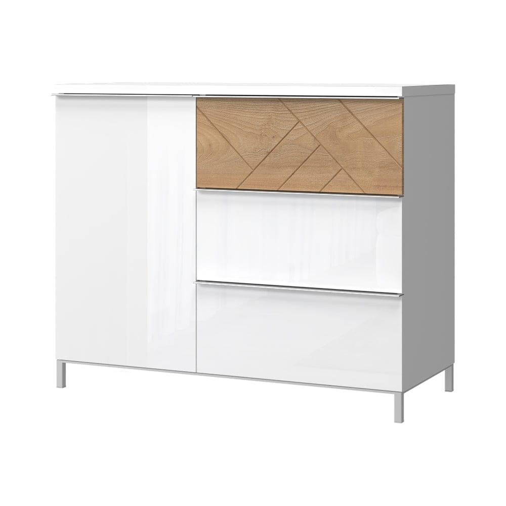 Comoda din pal si MDF, cu 3 sertare si 1 usa, Avis K13/AV Small Alb / Nuc Pacific, l106xA45xH88 cm (1)