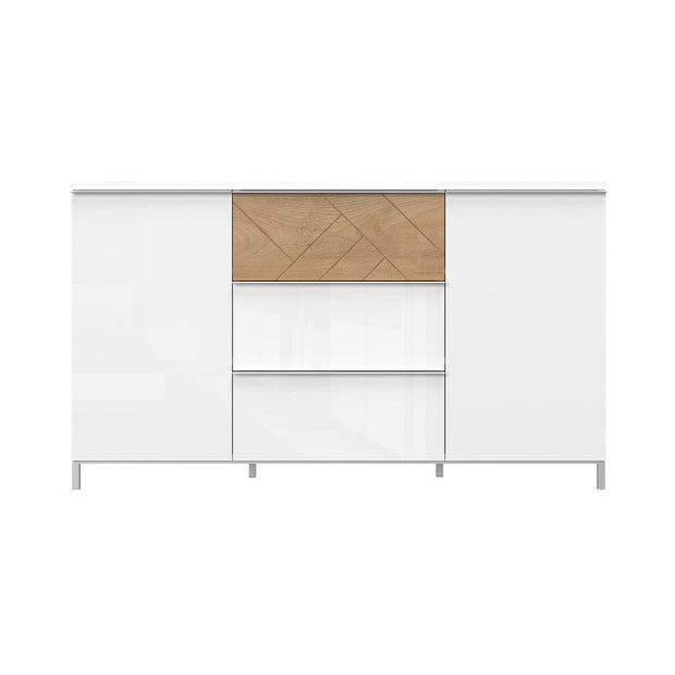 Comoda din pal si MDF, cu 3 sertare si 2 usi, Avis K23/AV Large Alb / Nuc Pacific, l152xA45xH88 cm