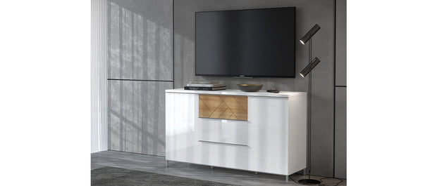 Comoda din pal si MDF, cu 3 sertare si 2 usi, Avis K23/AV Large Alb / Nuc Pacific, l152xA45xH88 cm (2)