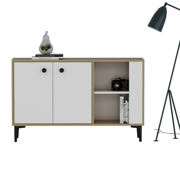 Comoda din pal si metal, cu 2 usi, Sahra Stejar Sapphire / Negru, l120xA35xH75 cm (2)