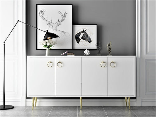 Comoda din pal si plastic, cu 4 usi, Drop Alb / Auriu, l150xA40xH75 cm