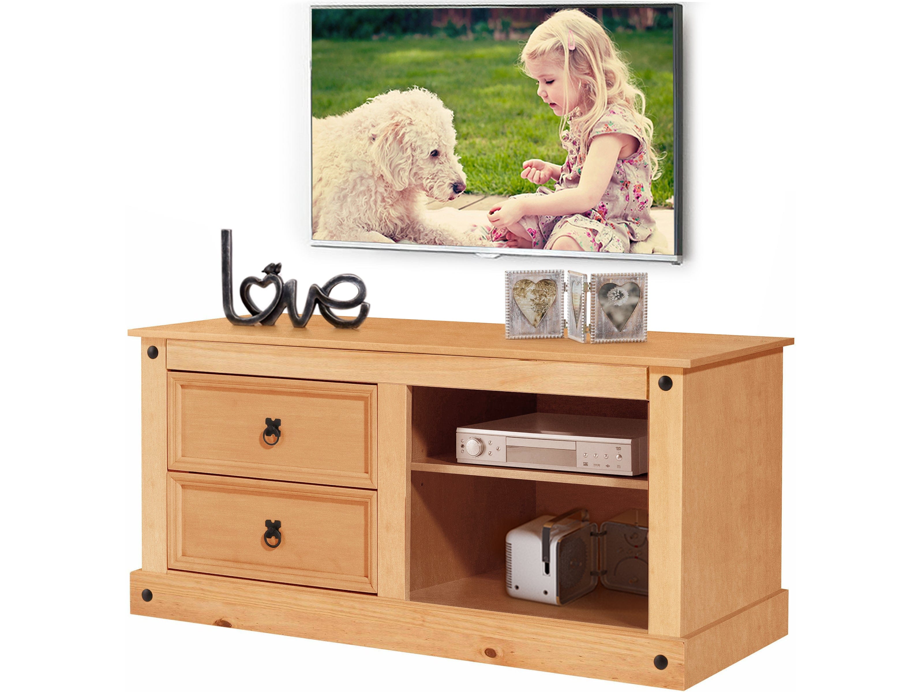 Dorel Home Comoda TV din lemn de pin, cu 2 sertare, Mexico Natural, l120xA50xH57 cm