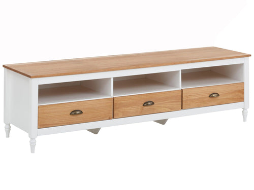 Dorel Home Comoda TV din lemn de pin si MDF, cu 3 sertare, Rio Alb / Natural, l160xA45xH45 cm