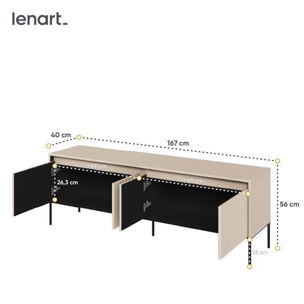 Lenart Comoda TV din MDF, pal si metal, cu 4 usi si LED inclus, Trend TR-05 Bej / Negru, l167xA40xH56 cm
