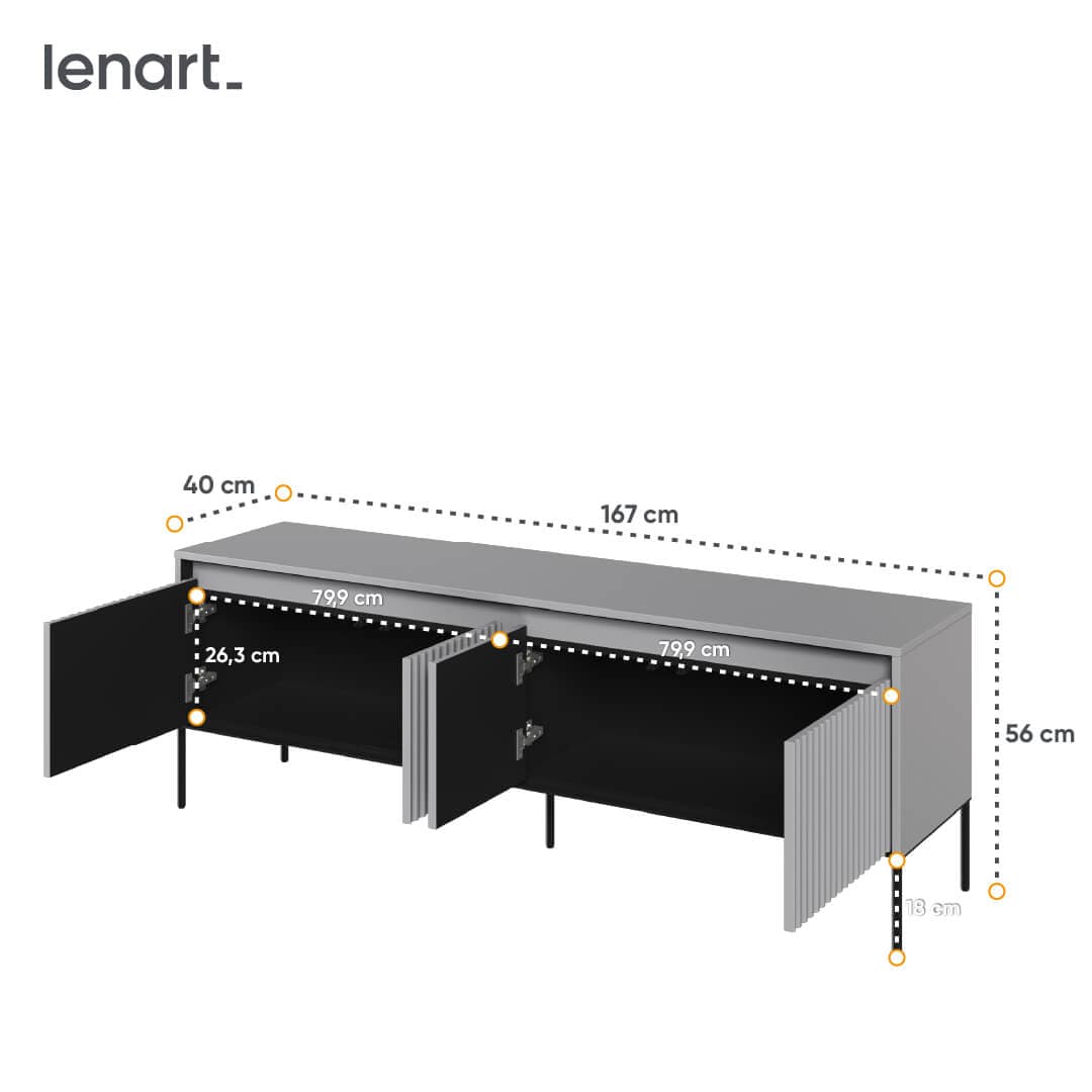 Lenart Comoda TV din MDF, pal si metal, cu 4 usi si LED inclus, Trend TR-05 Gri / Negru, l167xA40xH56 cm