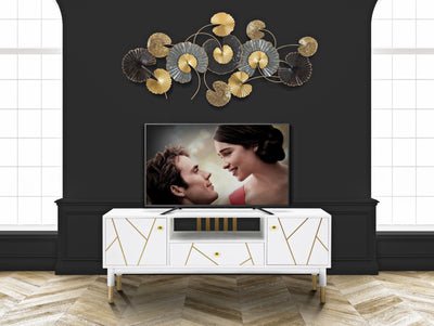 Comoda TV din MDF si metal, cu 1 sertar si 2 usi Luxy Alb / Auriu, l140xA50xH55 cm