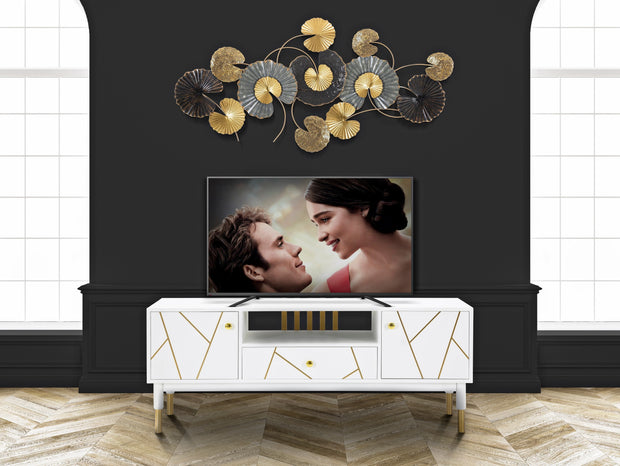 Comoda TV din MDF si metal, cu 1 sertar si 2 usi Luxy Alb / Auriu, l140xA50xH55 cm