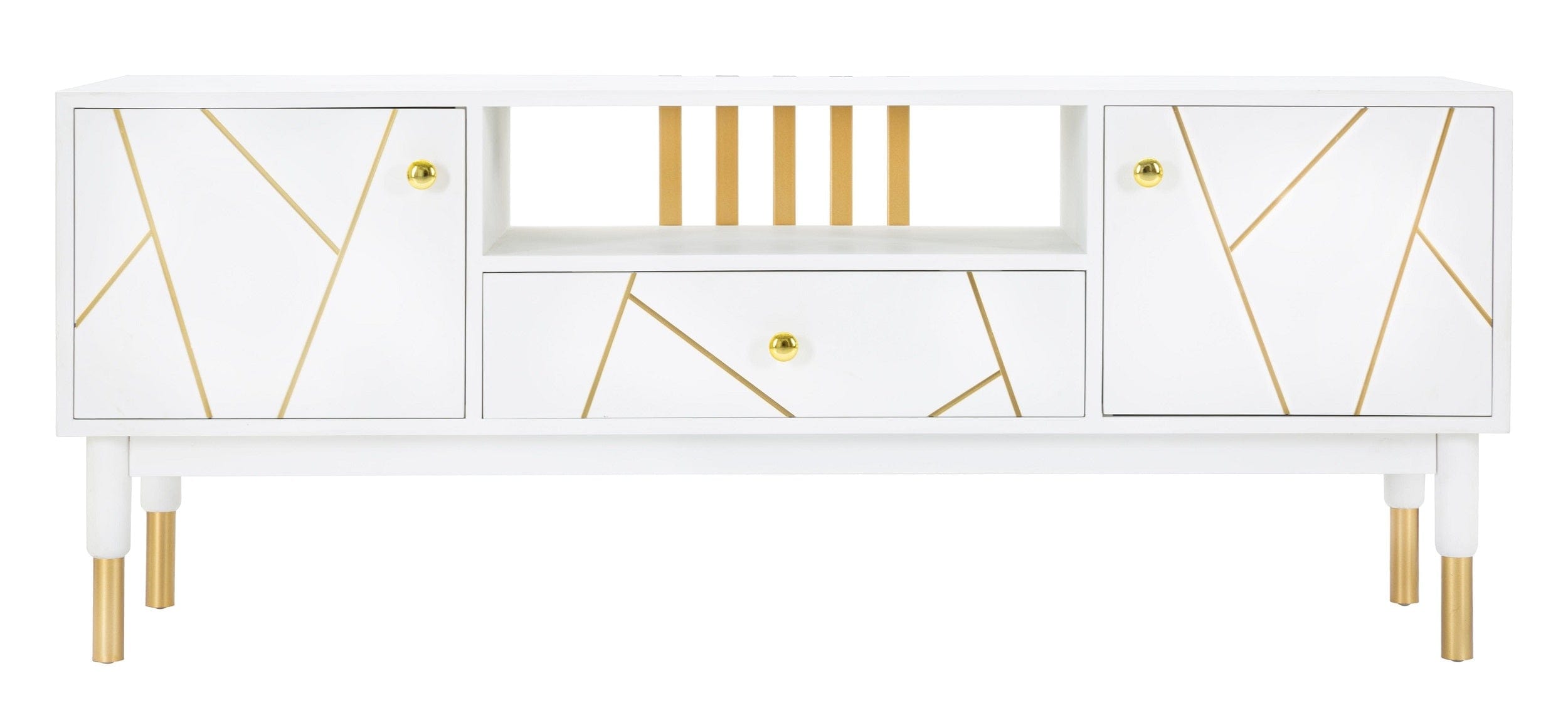 Comoda TV din MDF si metal, cu 1 sertar si 2 usi Luxy Alb / Auriu, l140xA50xH55 cm (1)