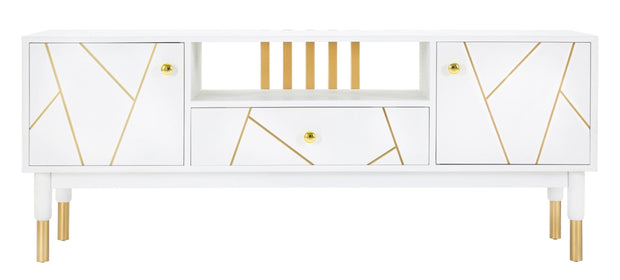 Comoda TV din MDF si metal, cu 1 sertar si 2 usi Luxy Alb / Auriu, l140xA50xH55 cm (1)