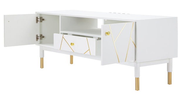 Comoda TV din MDF si metal, cu 1 sertar si 2 usi Luxy Alb / Auriu, l140xA50xH55 cm (3)