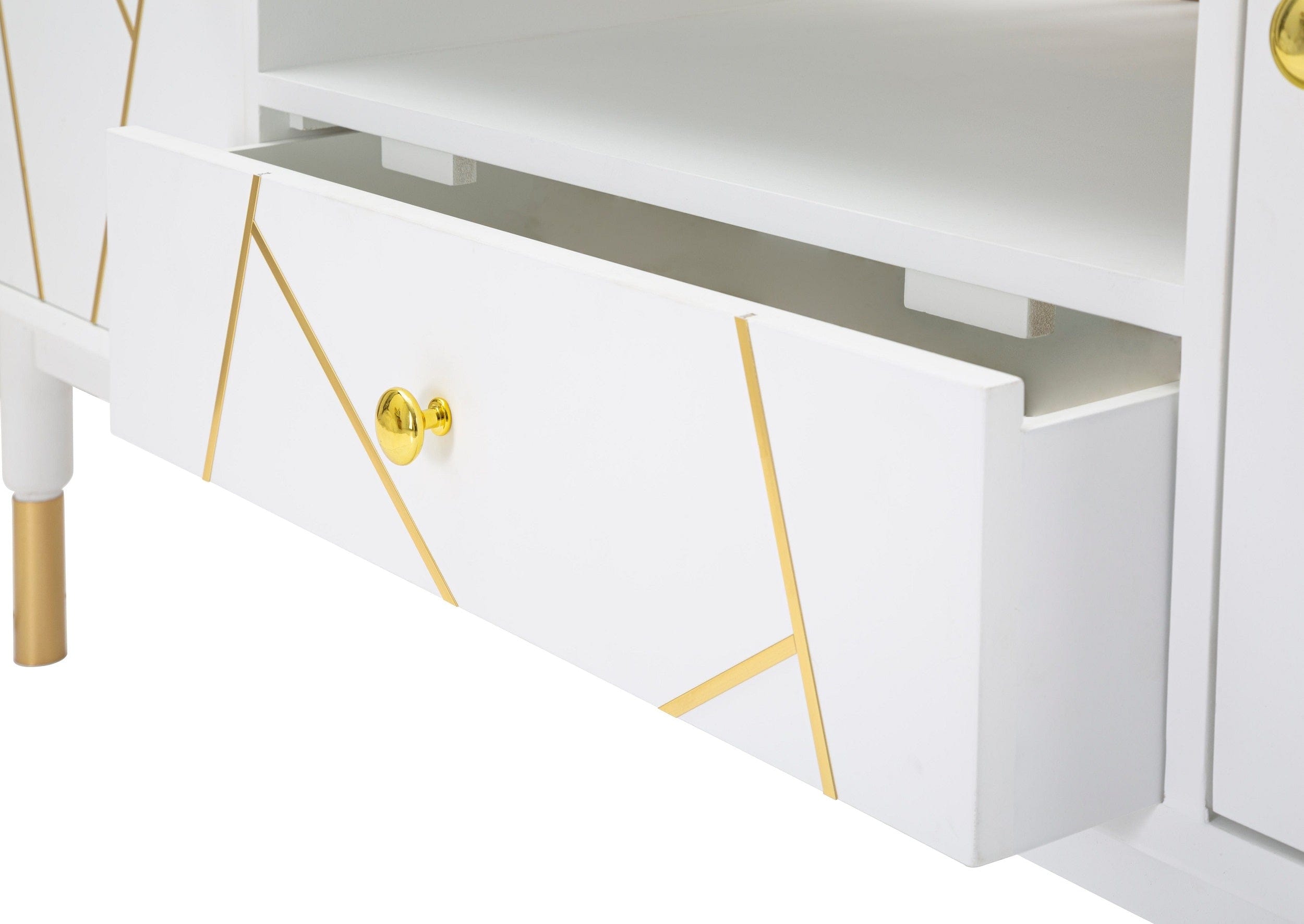 Comoda TV din MDF si metal, cu 1 sertar si 2 usi Luxy Alb / Auriu, l140xA50xH55 cm (6)