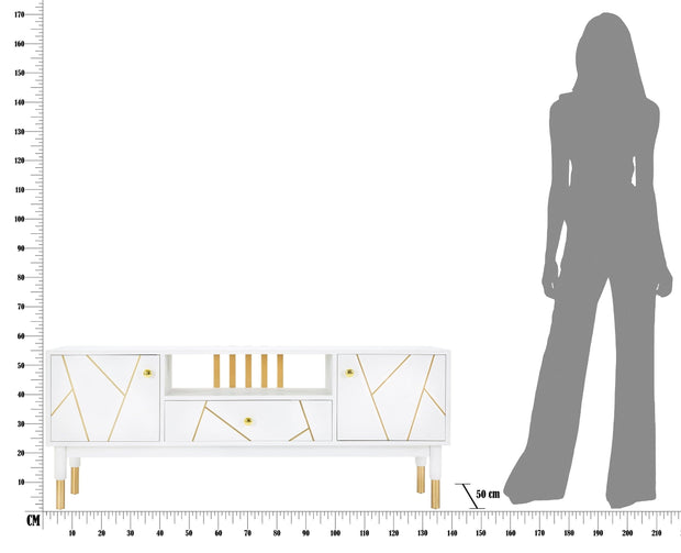Comoda TV din MDF si metal, cu 1 sertar si 2 usi Luxy Alb / Auriu, l140xA50xH55 cm (9)