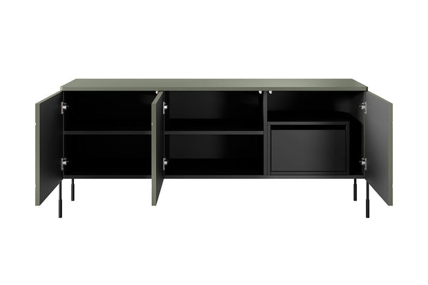 Bogart Comoda TV din MDF si metal, cu 1 sertar si 3 usi, Sonatia 150-3D1SZ Verde Olive / Negru, l154xA45xH65 cm