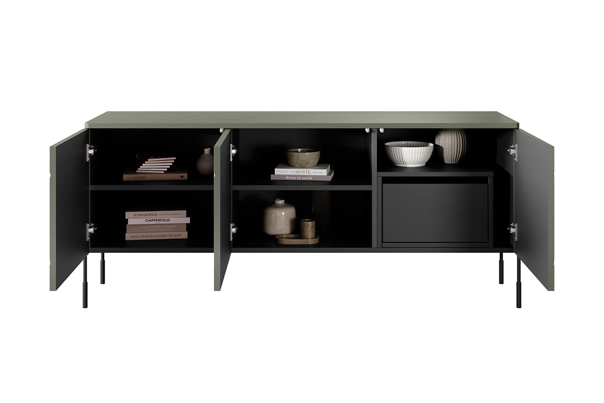 Bogart Comoda TV din MDF si metal, cu 1 sertar si 3 usi, Sonatia 150-3D1SZ Verde Olive / Negru, l154xA45xH65 cm