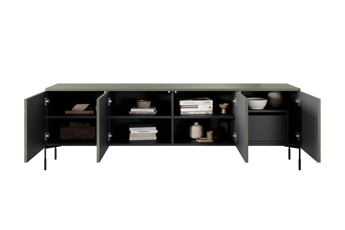 Bogart Comoda TV din MDF si metal, cu 1 sertar si 4 usi, Sonatia 200-4D1SZ Verde Olive / Negru, l204xA45xH65 cm
