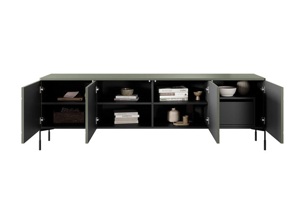 Bogart Comoda TV din MDF si metal, cu 1 sertar si 4 usi, Sonatia 200-4D1SZ Verde Olive / Negru, l204xA45xH65 cm