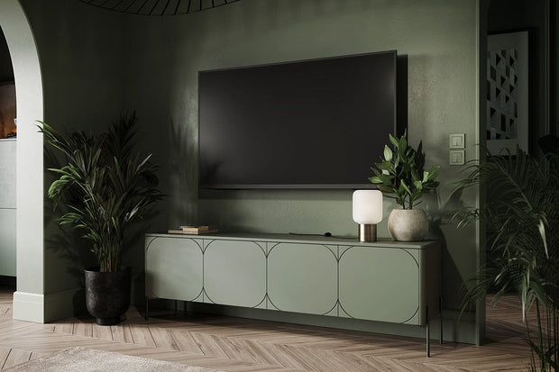 Bogart Comoda TV din MDF si metal, cu 2 sertare si 4 usi, Sonatia 200-4D2SZ Verde Olive / Negru, l204xA45xH65 cm