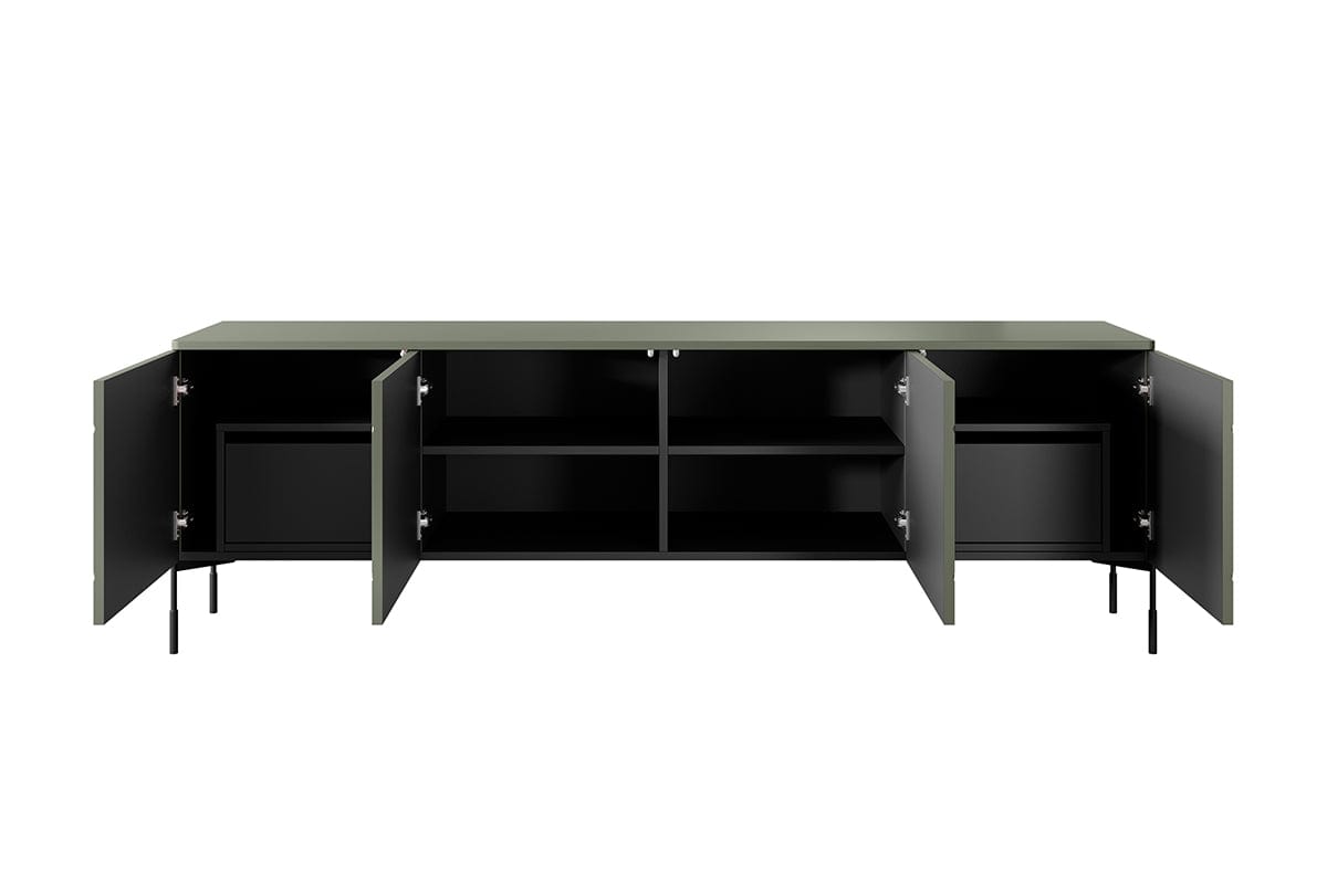 Bogart Comoda TV din MDF si metal, cu 2 sertare si 4 usi, Sonatia 200-4D2SZ Verde Olive / Negru, l204xA45xH65 cm