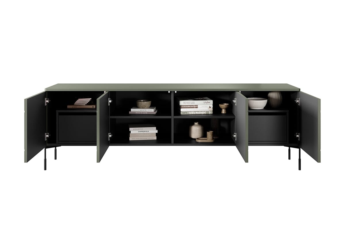 Bogart Comoda TV din MDF si metal, cu 2 sertare si 4 usi, Sonatia 200-4D2SZ Verde Olive / Negru, l204xA45xH65 cm