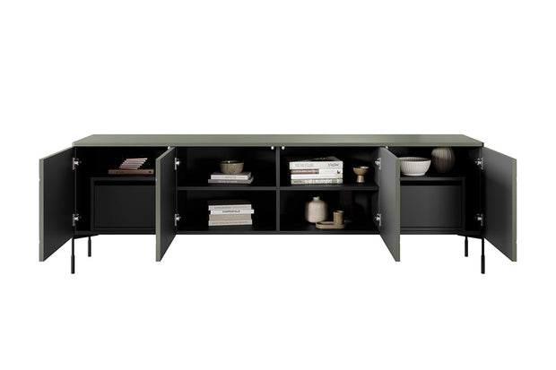 Bogart Comoda TV din MDF si metal, cu 2 sertare si 4 usi, Sonatia 200-4D2SZ Verde Olive / Negru, l204xA45xH65 cm