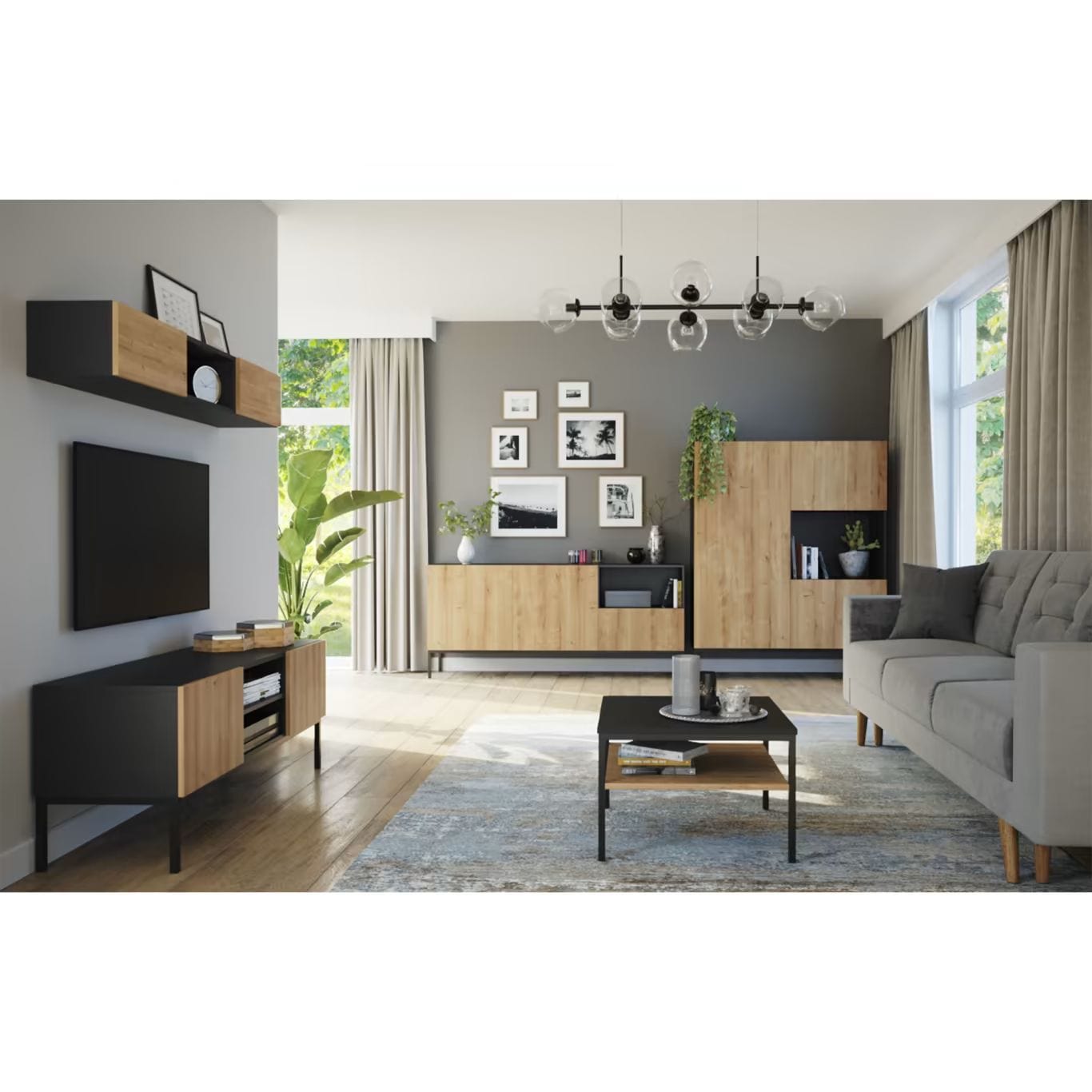 Eltap Comoda TV din MDF si metal, cu 2 usi, Lanzzi Negru / Stejar, l40xA120xH50 cm