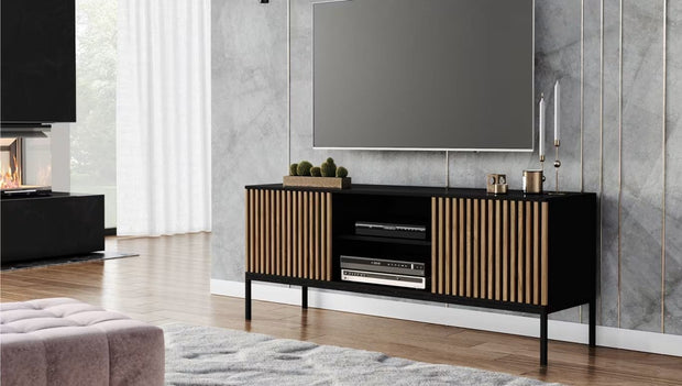Eltap Comoda TV din MDF si metal, cu 2 usi, Meorati Negru / Stejar, l40xA150xH60 cm