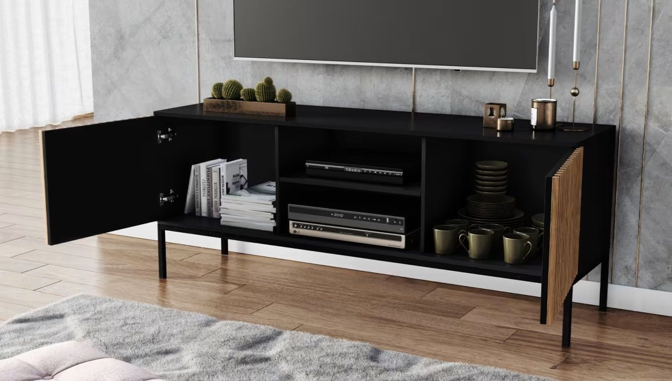 Eltap Comoda TV din MDF si metal, cu 2 usi, Meorati Negru / Stejar, l40xA150xH60 cm